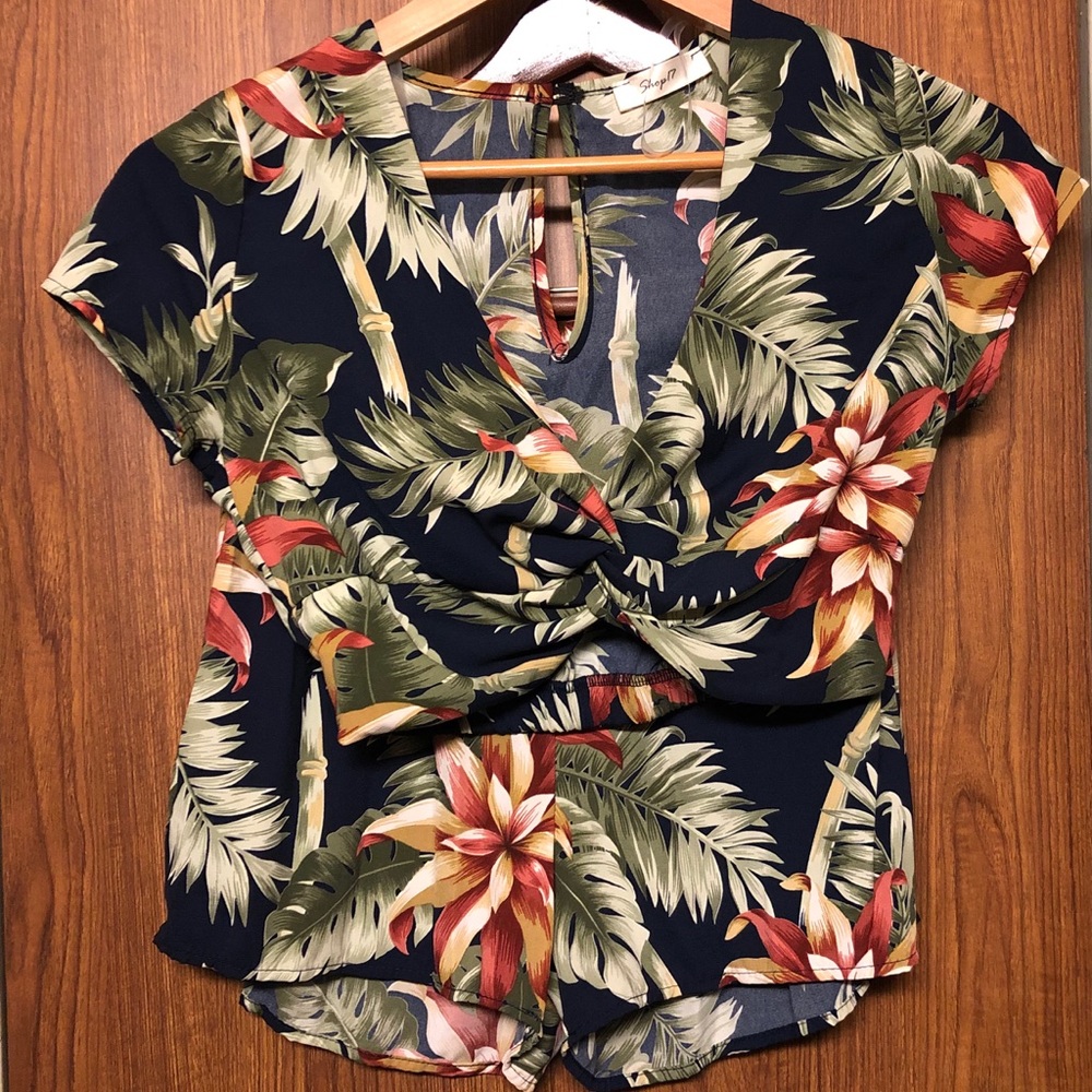 Navy Floral Matching Crop Top and Short Set